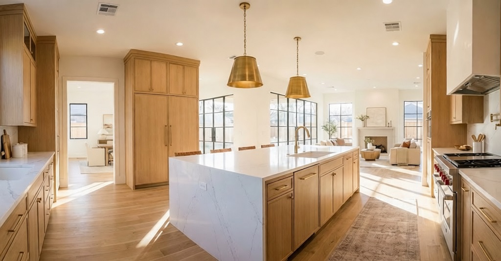 Modern kitchen remodel in Dallas showcasing a white waterfall island, light wood cabinetry, and gold pendant lights.