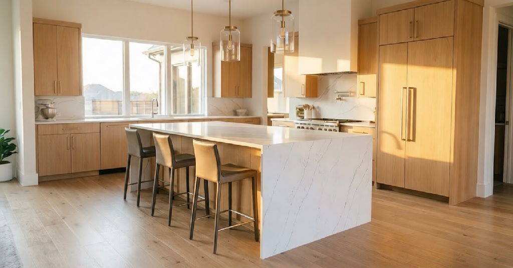 Open concept luxury modern kitchen in Dallas Texas with long waterfall island, light wood cabinets, and brass pendant lighting.​