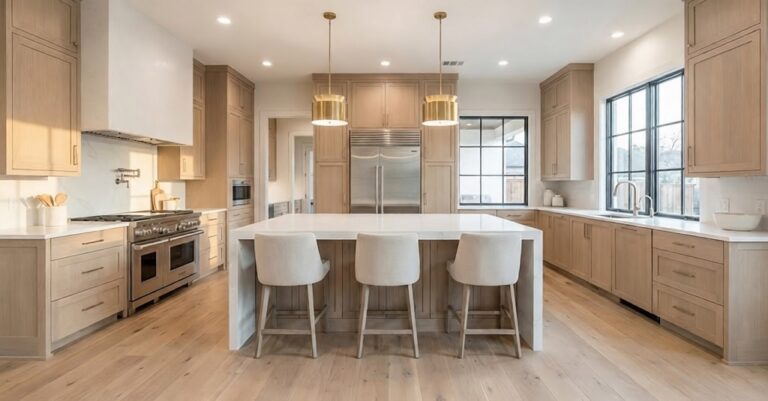 Bright luxury kitchen remodel in Dallas featuring a large white waterfall island, light wood cabinets, wide plank wood flooring, and stainless steel appliances.