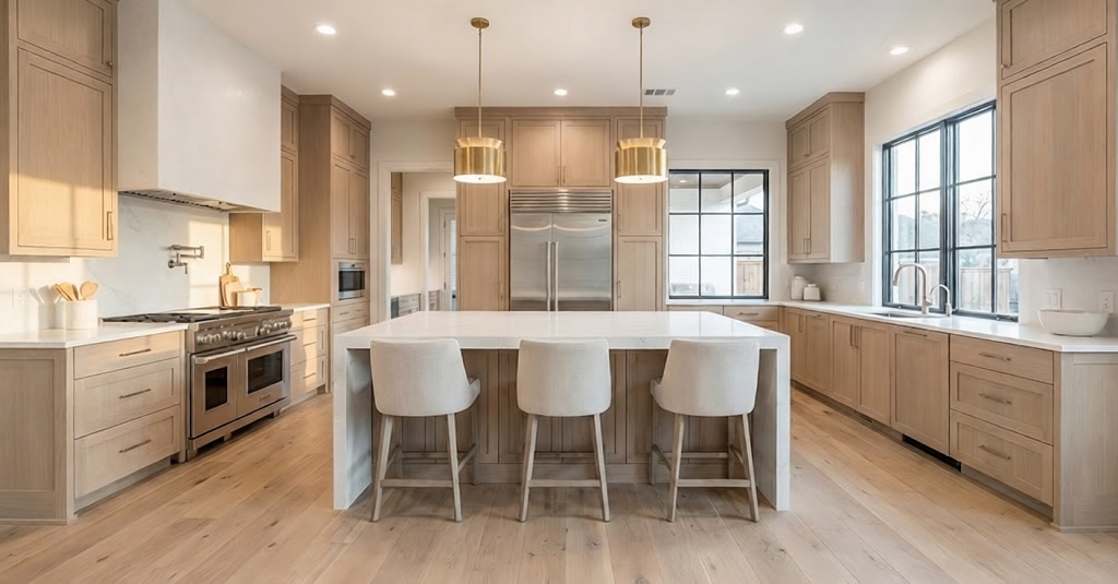 Bright luxury kitchen remodel in Dallas featuring a large white waterfall island, light wood cabinets, wide plank wood flooring, and stainless steel appliances.