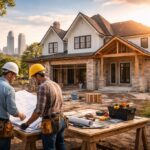 Residential construction project in Houston with general contractors reviewing blueprints at an active home build site