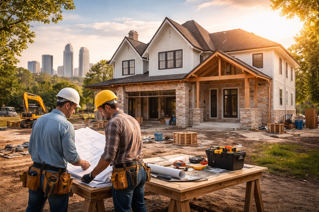 Residential construction project in Houston with general contractors reviewing blueprints at an active home build site