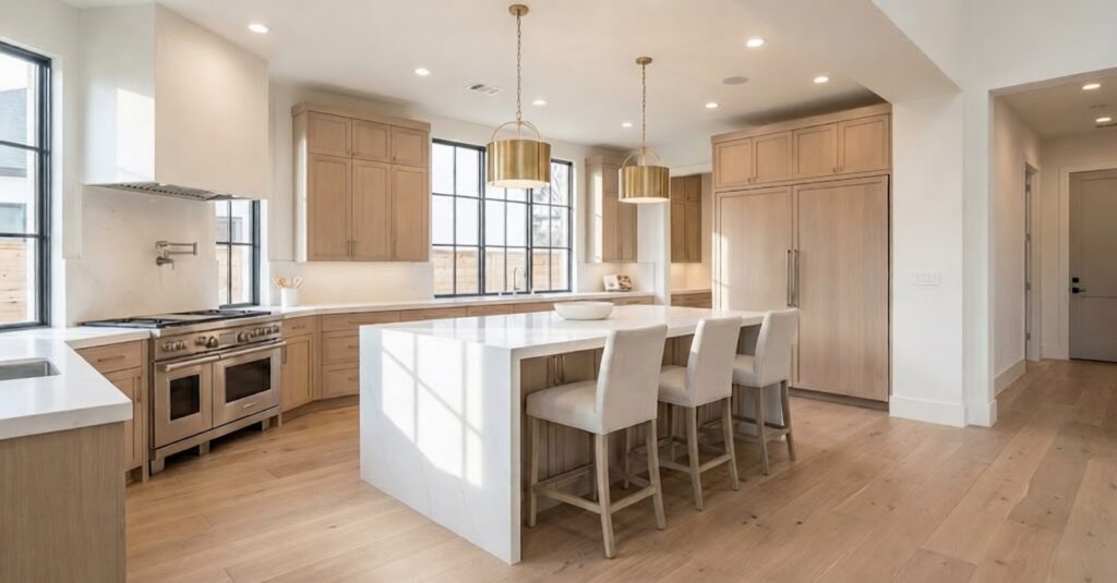 Sunlit luxury modern kitchen interior in Dallas with white waterfall island, light wood cabinets, and contemporary glass pendant lights.